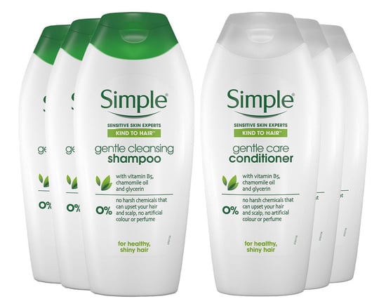 Simple 3 x 400ml (3 Each) Kind to Hair Gentle Care Shampoo & Conditinor - Image 1