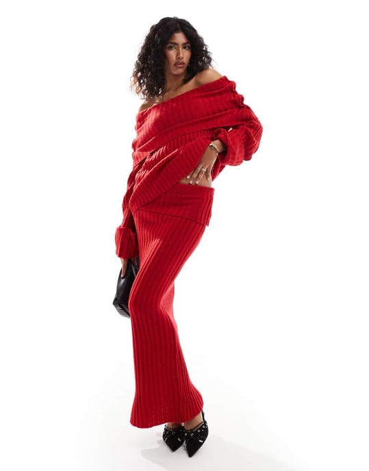 SNDYS rib knit foldover maxi skirt co-ord in red - Image 1