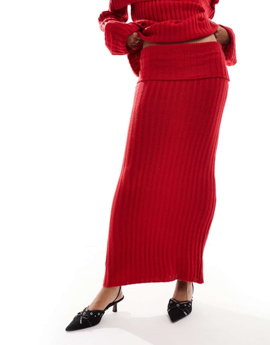 SNDYS rib knit foldover maxi skirt co-ord in red - Image 2