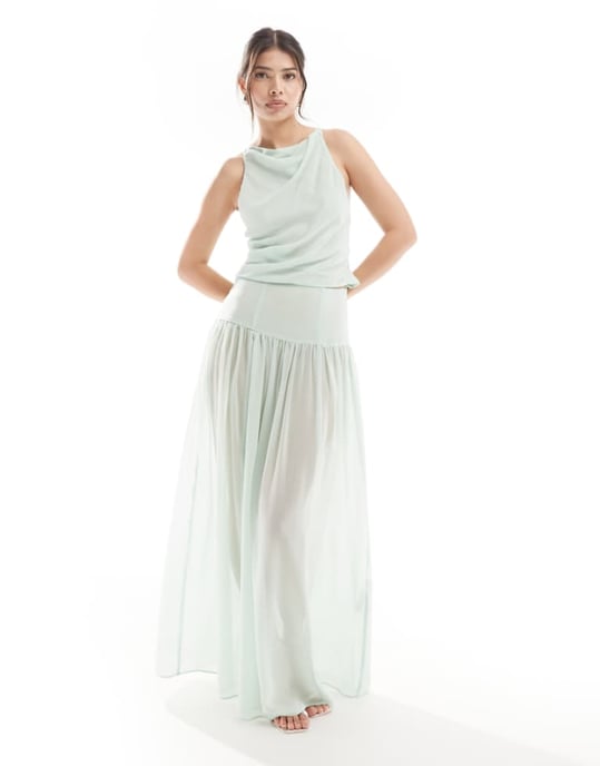 ASOS DESIGN sheer drapey chiffon maxi skirt co-ord in sage green - Image 1