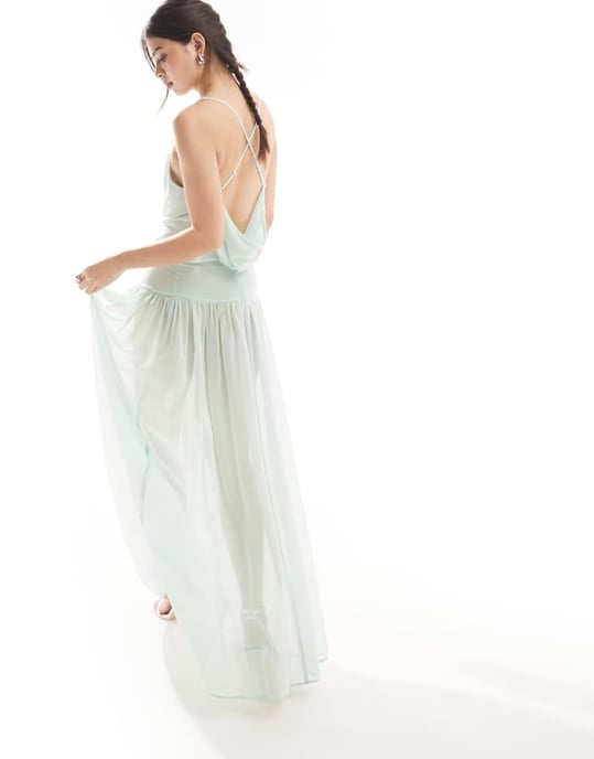 ASOS DESIGN sheer drapey chiffon maxi skirt co-ord in sage green - Image 4