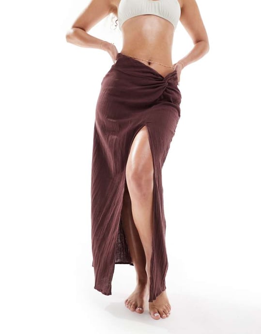 ASOS DESIGN side knot maxi skirt in cheesecloth in chocolate - Image 3