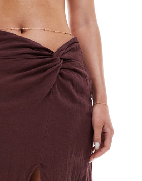 ASOS DESIGN side knot maxi skirt in cheesecloth in chocolate - Image 4