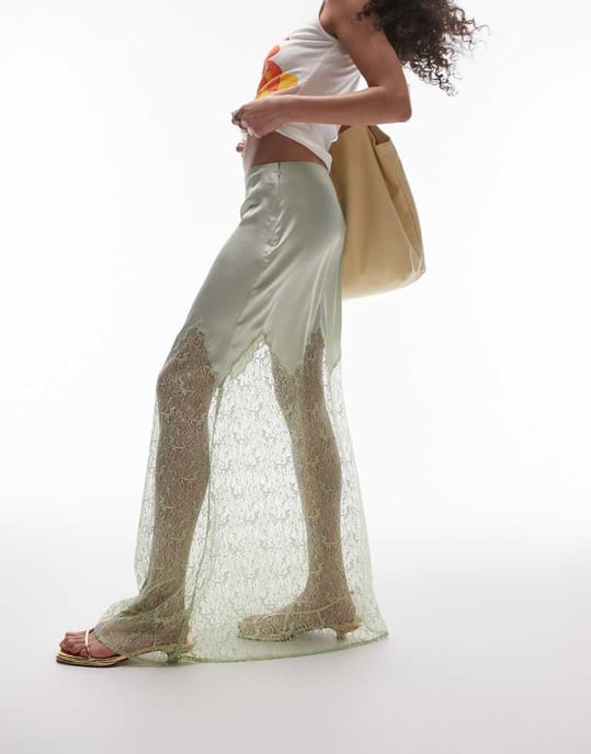 Topshop Satin lace mix maxi in soft sage green - Image 1