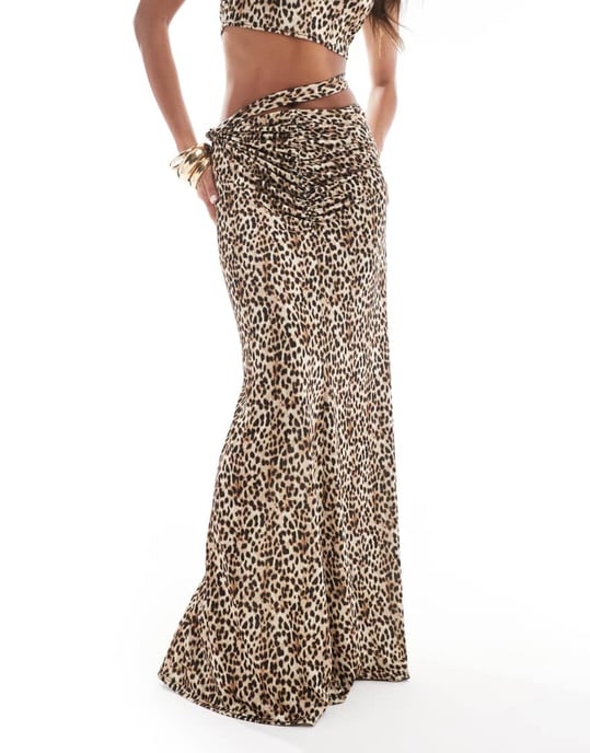 ASOS DESIGN co-ord slinky knot detail fishtail maxi skirt in animal - Image 2