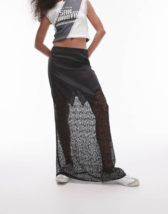 Topshop satin lace mix maxi skirt in black - Image 1