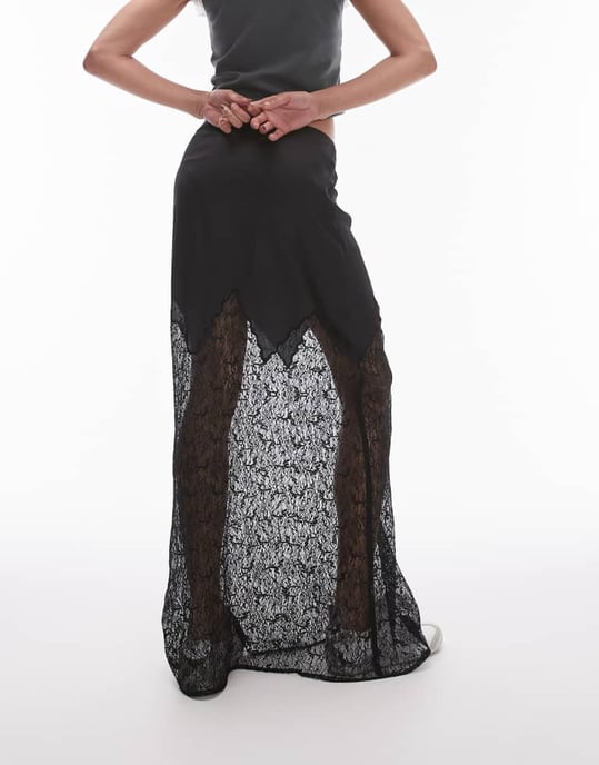 Topshop satin lace mix maxi skirt in black - Image 3