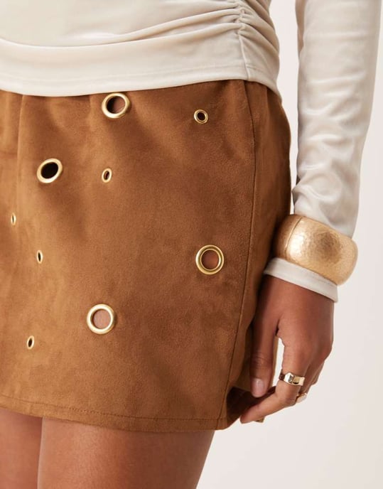 ASOS DESIGN suedette eyelet mini skirt in brown - Image 2