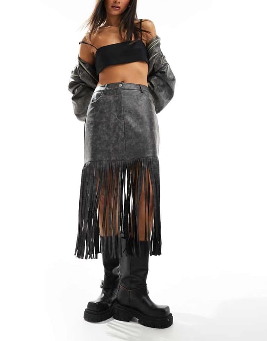 ASOS DESIGN fringe leather look mini skirt in washed grey - Image 3