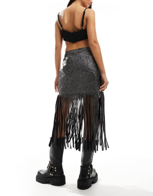 ASOS DESIGN fringe leather look mini skirt in washed grey - Image 4