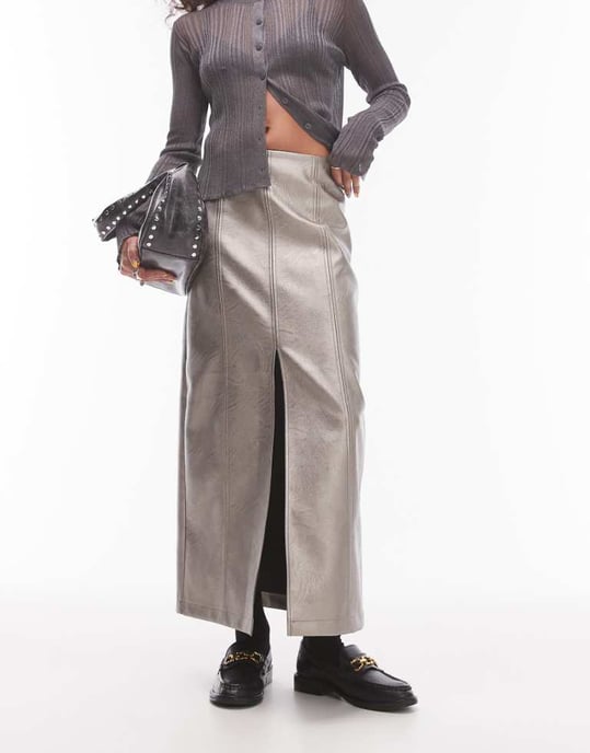 Topshop faux leather split midi skirt in gunmetal - Image 1