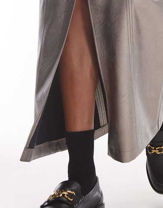 Topshop faux leather split midi skirt in gunmetal - Image 2