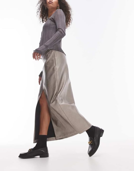 Topshop faux leather split midi skirt in gunmetal - Image 3