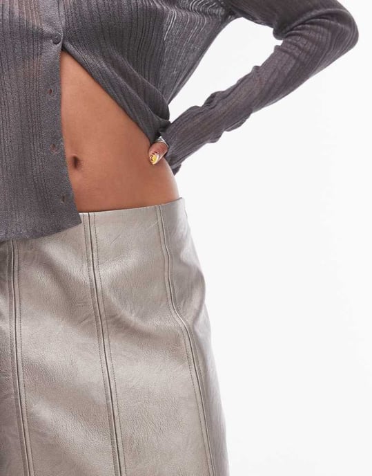 Topshop faux leather split midi skirt in gunmetal - Image 4