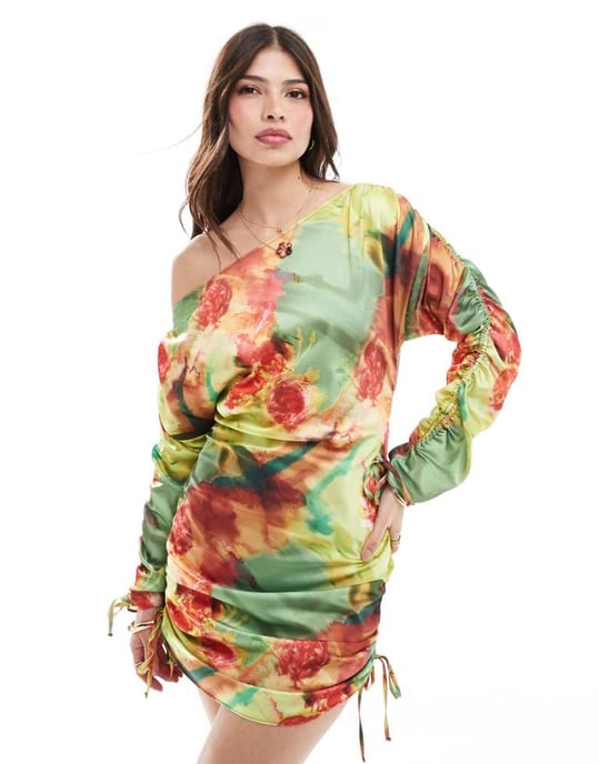 ASOS DESIGN one shoulder gathered sleeve mini dress in bright floral print - Image 1