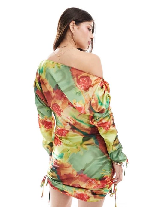 ASOS DESIGN one shoulder gathered sleeve mini dress in bright floral print - Image 2