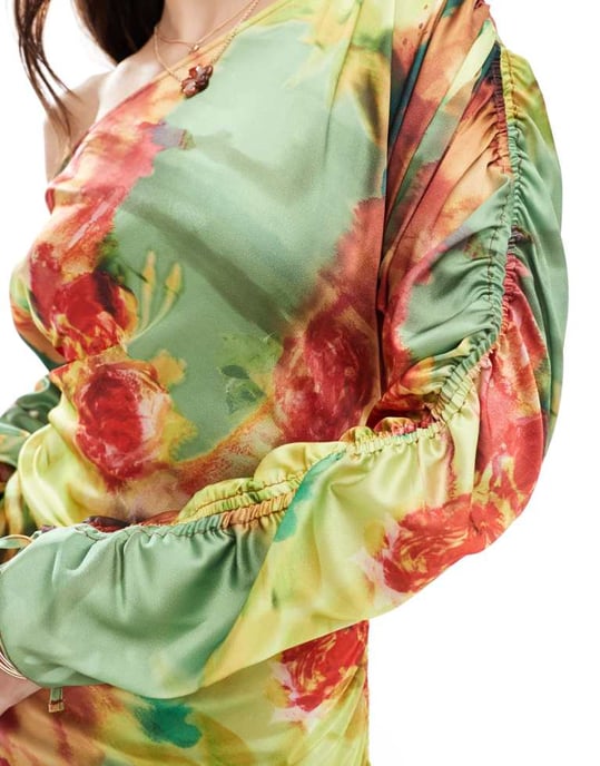 ASOS DESIGN one shoulder gathered sleeve mini dress in bright floral print - Image 3