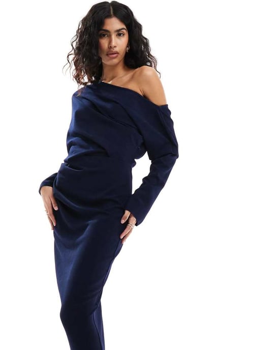 ASOS DESIGN slouchy fallen shoulder midi dress in navy - Image 3