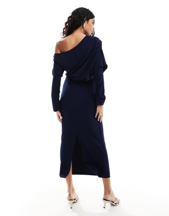 ASOS DESIGN slouchy fallen shoulder midi dress in navy - Image 4