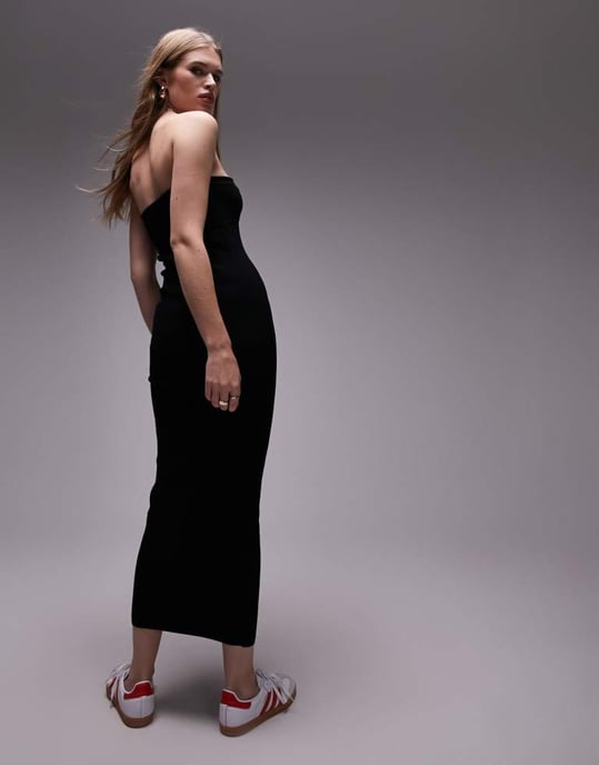 Topshop – Svart stickad bandeauklänning med uppvikt kant - Image 3