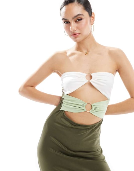 ASOS DESIGN – Khakifärgad midiklänning med utskurna detaljer och rynkor - Image 2