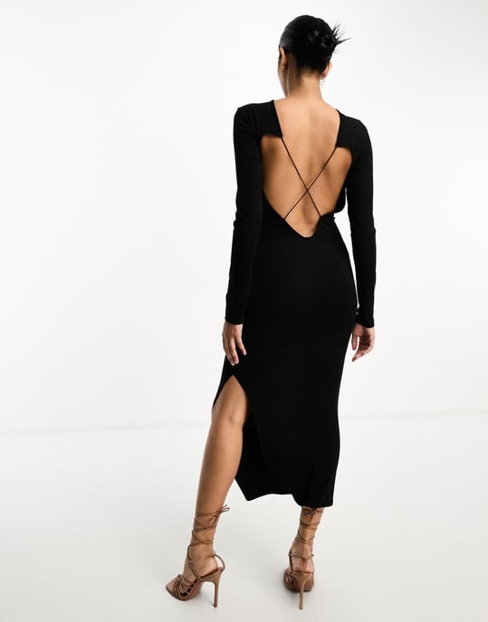 ASOS DESIGN – Svart midiklänning med lång ärm, öppen rygg och axelband - Image 4