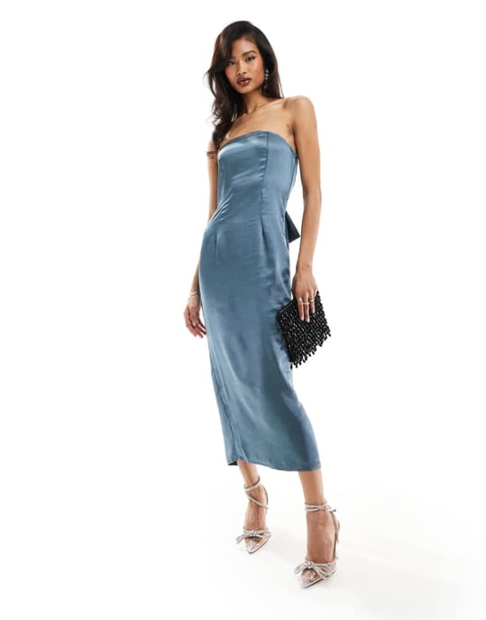 In The Style – Skiffergrå bandeauklänning i satin med rosettdetalj - Image 3