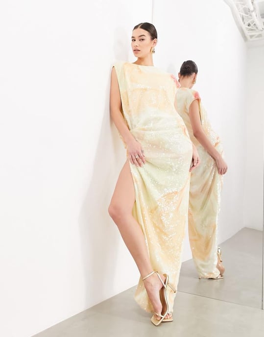 ASOS EDITION – Abstrakt mönstrad paljettklänning med öppning och drapering i sidorna - Image 1