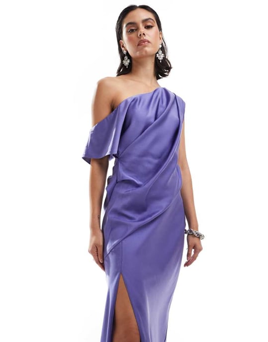 ASOS DESIGN – Blå, draperad midiklänning i satin med bara axlar och slits - Image 3