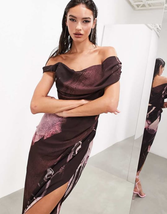 ASOS EDITION – Ultimat draperad bardot-midiklänning med suddigt blommönster - Image 2
