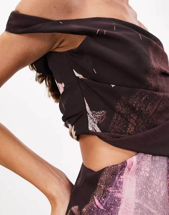 ASOS EDITION – Ultimat draperad bardot-midiklänning med suddigt blommönster - Image 4
