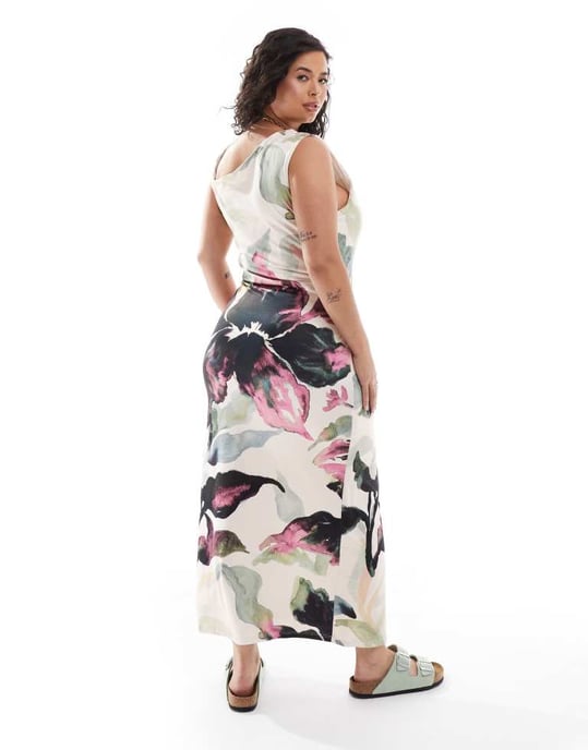ASOS DESIGN Curve – Blommig midiklänning med vridna axelband och en axel - Image 2