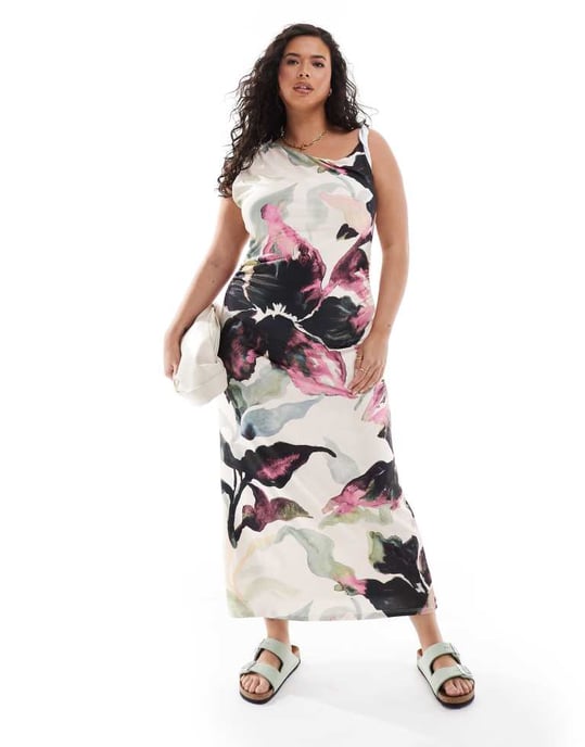 ASOS DESIGN Curve – Blommig midiklänning med vridna axelband och en axel - Image 3