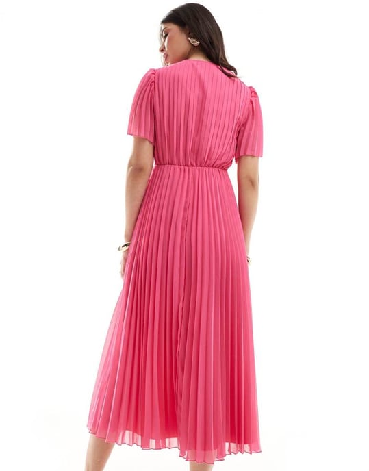ASOS DESIGN – Rosa midiklänning med plisserad överdel och utsvängda ärmar - Image 3