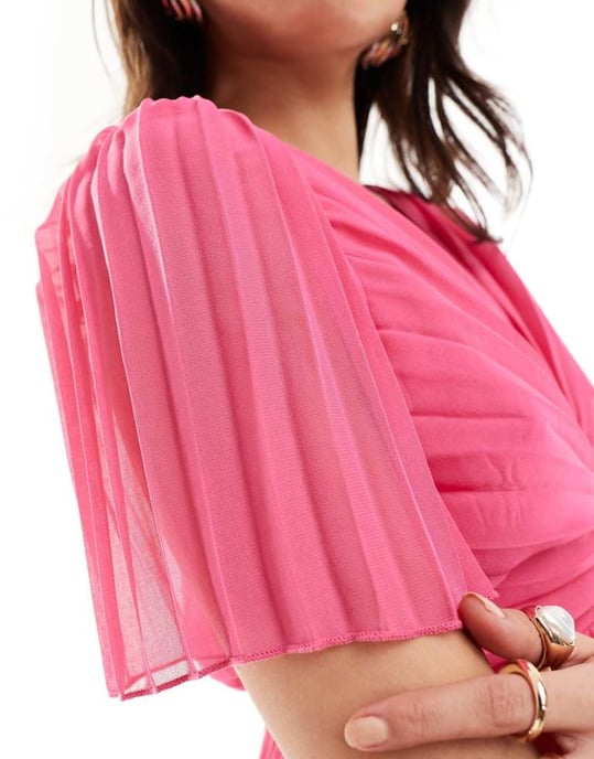 ASOS DESIGN – Rosa midiklänning med plisserad överdel och utsvängda ärmar - Image 4