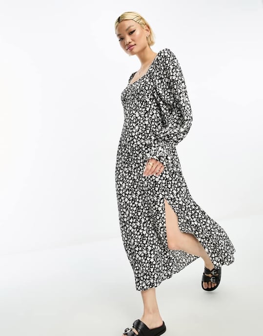 & Other Stories gathered sleeve midaxi dress in black floral - Image 4