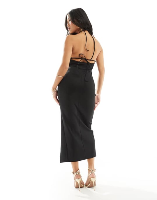 ASOS DESIGN Petite – Svart midiklänning med halterneck och utskuren passform i scuba-stil - Image 2