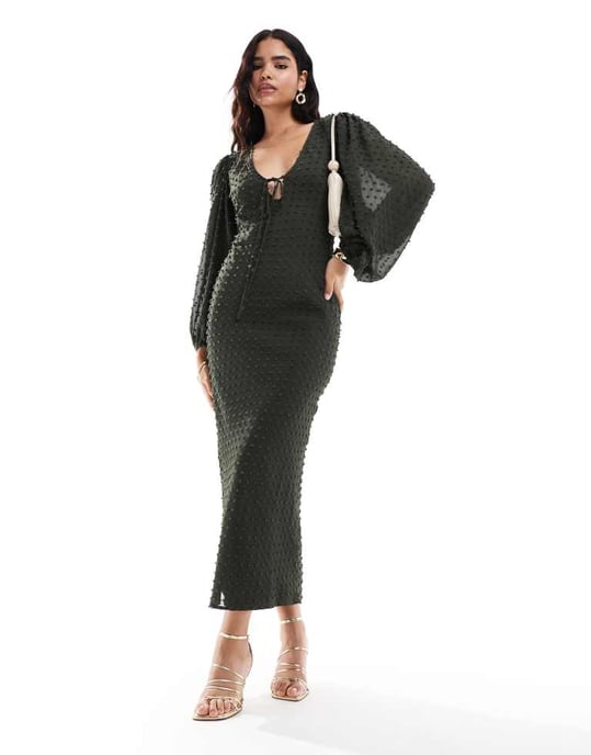 ASOS DESIGN – Mörkgrön midiklänning med ballongärmar och dobbymönster - Image 4