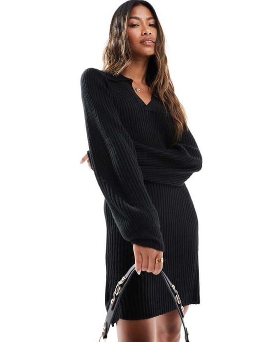 In The Style exclusive knitted collar detail mini jumper dress in black - Image 2