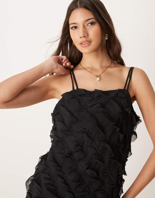 YAS frill detail cami mini dress in black - BLACK - Image 4