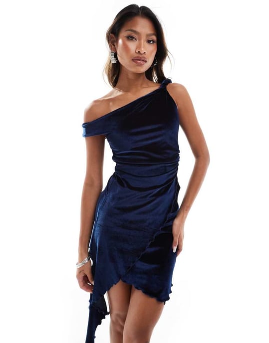 ASOS DESIGN velvet twisted off shoulder mini dress with asymmetric hem in navy - Image 2