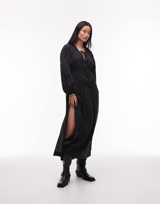 Topshop gathered bust midi dress in charcoal cupro - Image 1