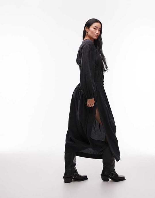 Topshop gathered bust midi dress in charcoal cupro - Image 4