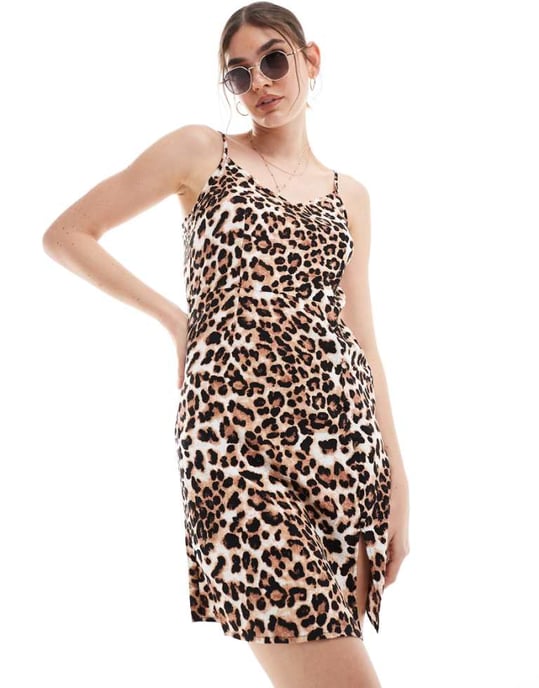 Vero Moda – Leopardmönstrad linneklänning med slits - Image 1