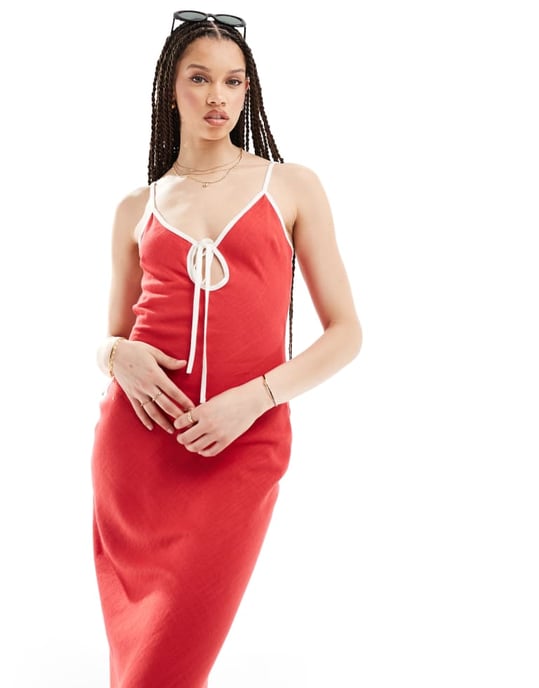 ASOS DESIGN – Röd tall linneklänning med kontrasterande kantband - Image 2