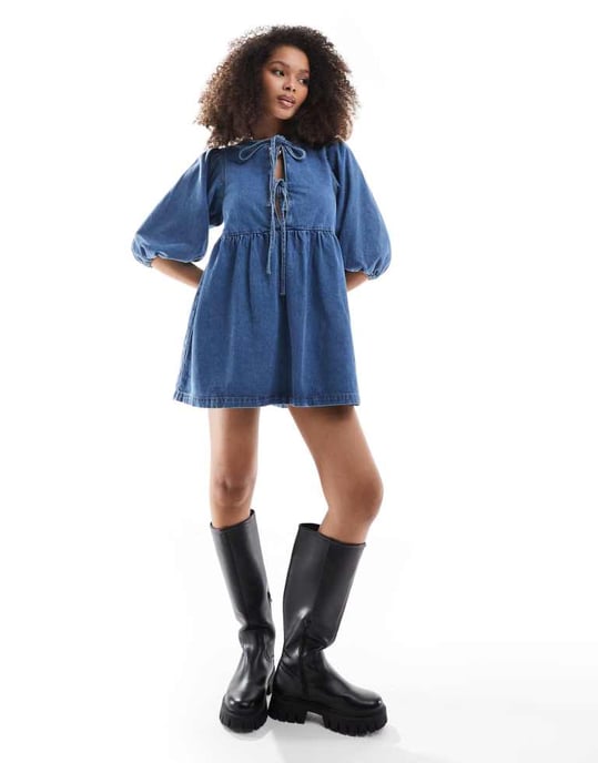 ASOS DESIGN denim puff sleeve mini dress in light blue - Image 3