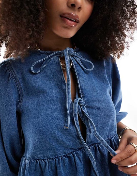 ASOS DESIGN denim puff sleeve mini dress in light blue - Image 4