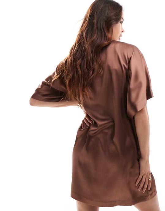 ASOS DESIGN satin oversized mini tshirt dress in tan - Image 4