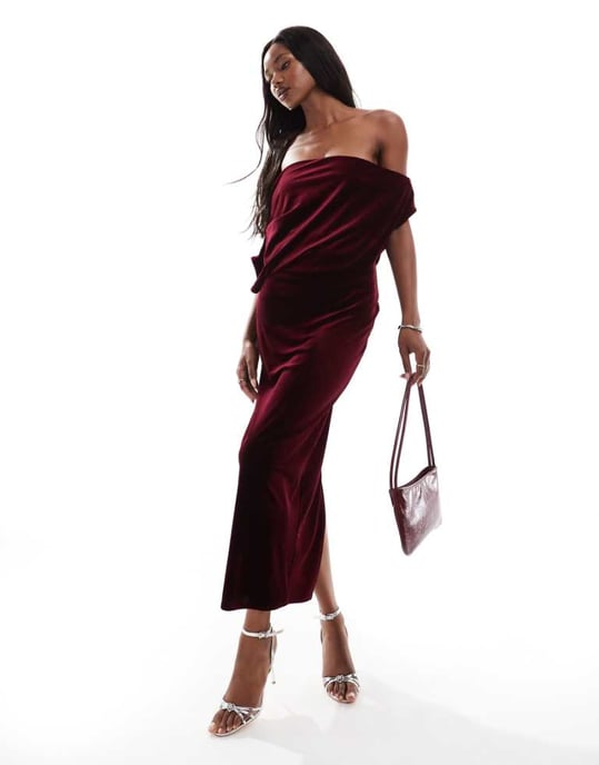 ASOS DESIGN dramatic neckline velvet midi dress in burgundy - Image 1
