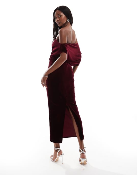 ASOS DESIGN dramatic neckline velvet midi dress in burgundy - Image 3